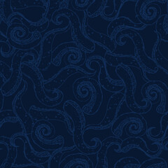 cartoon octopus tentacles on dark blue background seamless pattern, hand drawn thin lines silhouettes, editable vector illustration