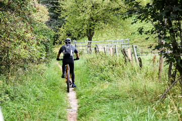 cyclist through the woods