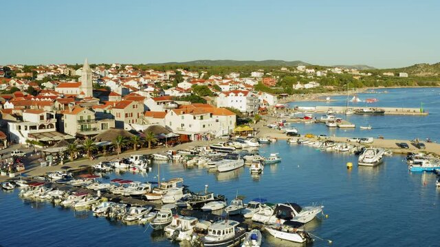 Aerial view of evening in Pakostane town in Adriatic Sea, Croatia