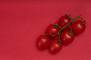 Red tomatoes on a bright red background. Monochrome trendy view Copy space