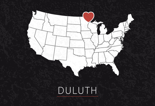 Love Duluth Picture. Map of United States with Heart as City Point. Vector Stock Illustration