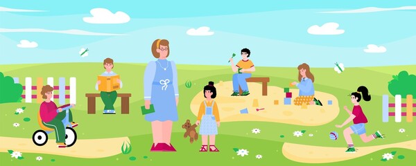 Children playing with toys and riding bicycles in kindergarten park with nature and fresh air. Teacher watching kids and teaching, flat cartoon vector illustration