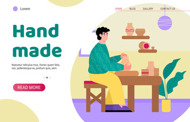 People hobbies handmade pottering landing page for website. Potter sitting in chair at home making pots as his hobby, flat cartoon vector illustration
