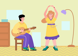 Young man sitting on chair playing guitar and woman dancing next to him. Guy doing his favourite hobby playing music, flat cartoon vector illustration