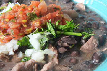 close up comida mexicana frijol con puerco, comida Yucatec a, comida tradicional de Yucatan, Mexico. Frijol con Puerco y chiltomate