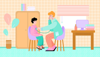 Office of pediatrician doctor conducting exam of child, flat cartoon vector illustration.