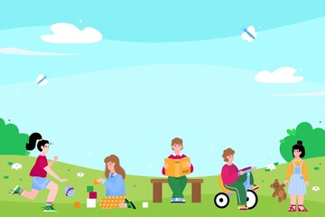 Cute kindergarten kids or preschoolers playing outside, flat vector illustration. Little boys and girls on a walk against backdrop of summer landscape.