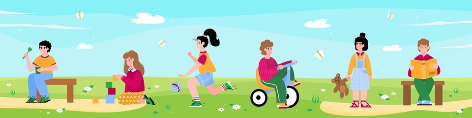 Horizontal banner with kindergarten kids playing together on outdoors, flat vector illustration. Summer landscape background with preschool or kindergarten children.