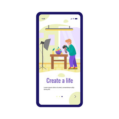 Onboarding mobile application screen for creative people hobbies and craft activity with photographer shooting still life, flat cartoon vector illustration.