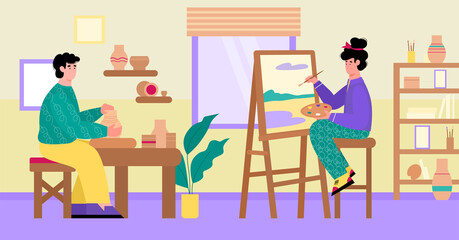 Potter and artist spending time on hobbies making pots and painting pictures at home. Woman sitting on chair drawing landscape, flat cartoon vector illustration