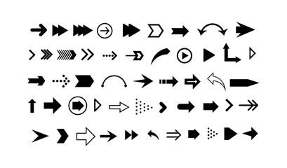 Set of black arrows. Collection of different styles. Vector illustration.