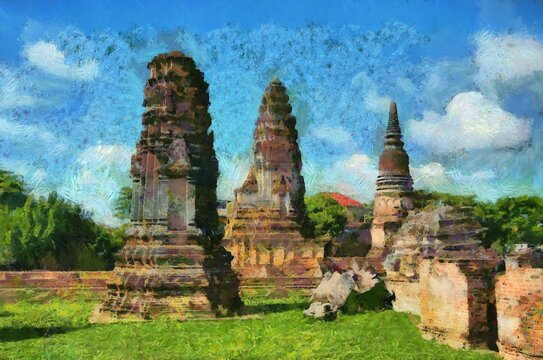 Remains of ancient ruins in thailand  Illustrations creates an impressionist style of painting.