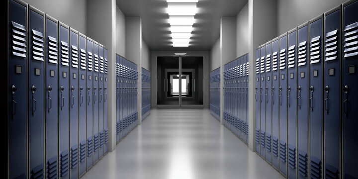 High school lobby with blue color lockers, perspective view. Fitness Gym, sports club hallway. 3d illustration