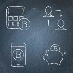 Chalkboard icons set of cryptocurrency transaction instruments