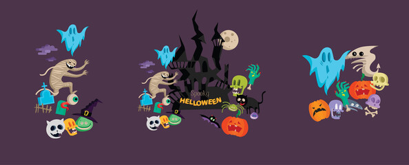 Obraz premium Vector icon and element collection for Helloween greeting card and poster, party sign. Concept illustration with Sign and symbol. Flat design cartoon element.