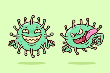 SCARY GREEN VIRUS SMILING CARTOON ILLUSTRATION