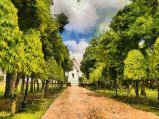 Landscape of ancient Thai architecture  Illustrations creates an impressionist style of painting.