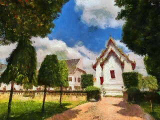 Landscape of ancient Thai architecture  Illustrations creates an impressionist style of painting.