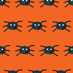Halloween seamless pattern with funny cartoon spider. Endless texture for wallpaper, web page background, wrapping paper. Flat style. Black smiling spider with tongue on orange board