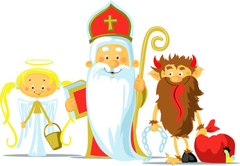 Obraz na płótnie Canvas Saint Nicholas, Devil and Angel - Vector Illustration Isolated on White Background