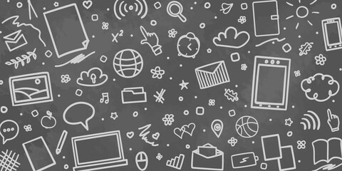 Abstract chalkboard. Back to school. Pattern with sketchy school supplies