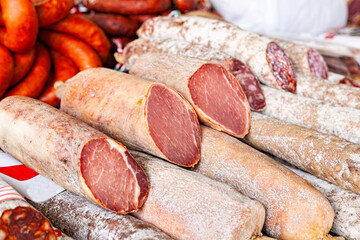 Tasty sausages, delicious pork loin and typical Spanish blood sausages.