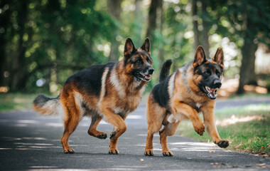 German shepherd dog posing outside. Happy and healthy dogs together. Two dogs outside.