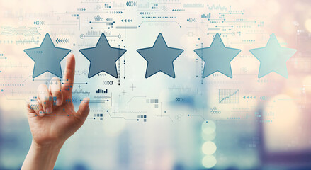 Rating star concept with hand pressing a button on a technology screen