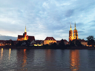 View on Church of the Holy Cross and St. Bartholomew, Odra river and Tumski Island, Wroclaw