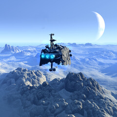spaceship on the top of mountain, alien planet with ice and a moon