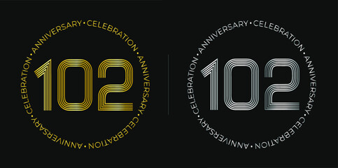 102th birthday. One hundred and two years anniversary celebration banner in golden and silver colors. Circular logo with original numbers design in elegant lines.