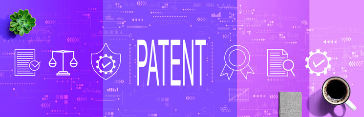 Patent concept with a cup of coffee and a notebook