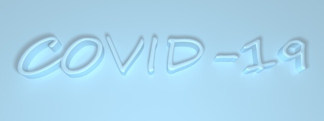 Blue three-dimensional inscription on a light blue background. COVID-19. Title. 3D rendering.