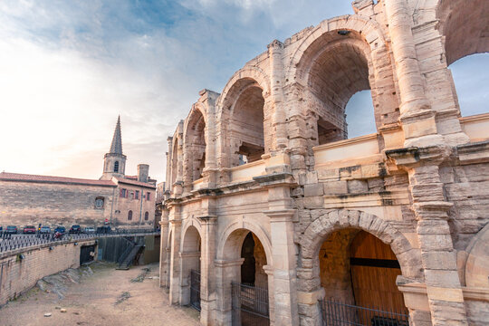The ancient roman ruins in Arles, Provence, at sunset.