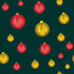 Watercolor red and golden Christmas balls on dark blue background. Seamless pattern. Hand drawing. Print, packaging, wallpaper, textile, stationery, kids design