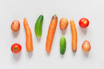 Fresh farm vegetarian and vegan vegetables on white background. Healthy food supermarket banner. Zero waste concept. Layout flat lay. Top view