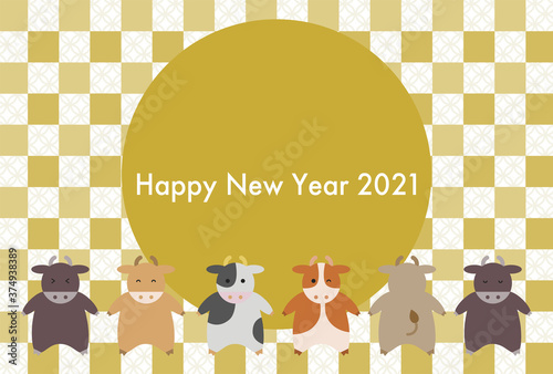 年賀状 21年 丑年 色々な牛と和柄 イラスト Wall Mural Osame