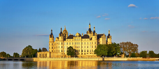 Panorama from Schwerin Castle that is illuminated by natural sunlight.