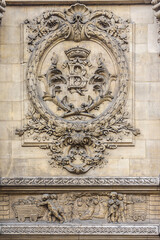 Architectural fragment of Brussels Bourse, which houses the country's Stock Exchange. The building erected from 1868 to 1873 in the Neo-Renaissance style. Brussels, Belgium.
