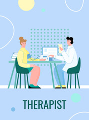 Medical banner of therapist specialist with cartoon characters of doctor and patient, flat vector illustration. Card or poster for physician office of healthcare clinic.