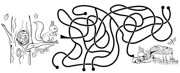 Maze game with a squirrel. Help the little squirrel to get to the mushrooms by the old tree stump. Black sketch. Coloring page. 