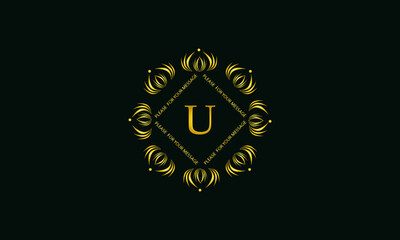 Exquisite round monogram with the letter U. Golden creative logo on a dark background. Vector illustration of business, cafe, office, restaurant, heraldry.