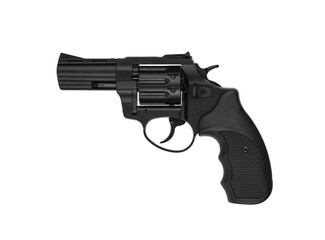 Black pistol isolate on a white back. A revolver for self-defense, sports and safety. Arming the police, army and private security companies. Reliable short-barreled weapon.