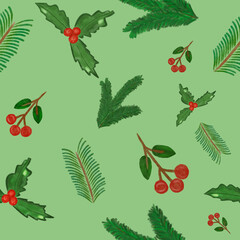 seamless pattern with watercolor hand drawn christmas trees, holly, mistletoe on green background. Print, packaging, wallpaper, textile, design, stationery, kids. Traditional