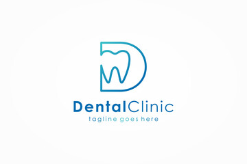 Dental Clinic Logo. Blue Linear Shape Initial Letter D Linked with Tooth Symbol inside. Usable for Dentist, Dental Care and Medical Logos. Flat Vector Logo Design Template Element