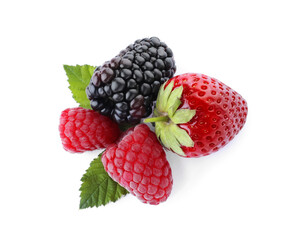 Mix of different fresh berries isolated on white, top view