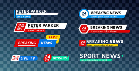 TV news third lower bar banner for broadcast sport. Set of tv bars video and text television template