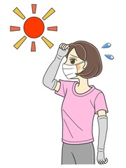 A young woman with a mask suffering from summer heat