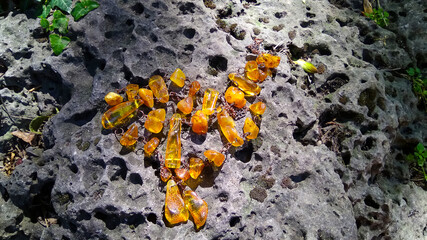 Natural amber necklace on the old porous stone with holes. Shot close up. 