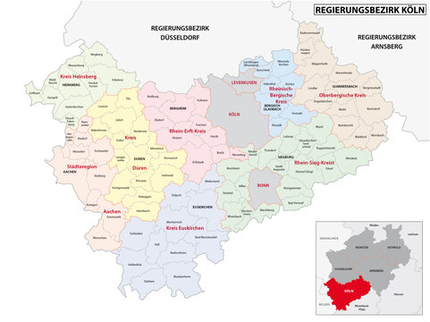 administrative vector map of the Cologne region in German, North Rhine-Westphalia, Germany